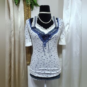♡ Y2K ♡ Hollister Blue White Heart Print Babydoll Henley Half Sleeve